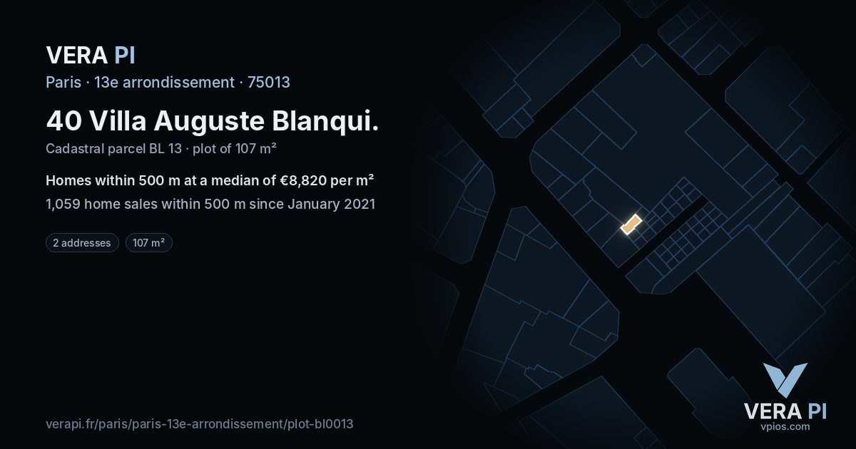 40 Villa Auguste Blanqui, 13e arrondissement at night – the plot lit, the parcels around coloured by the prices near them