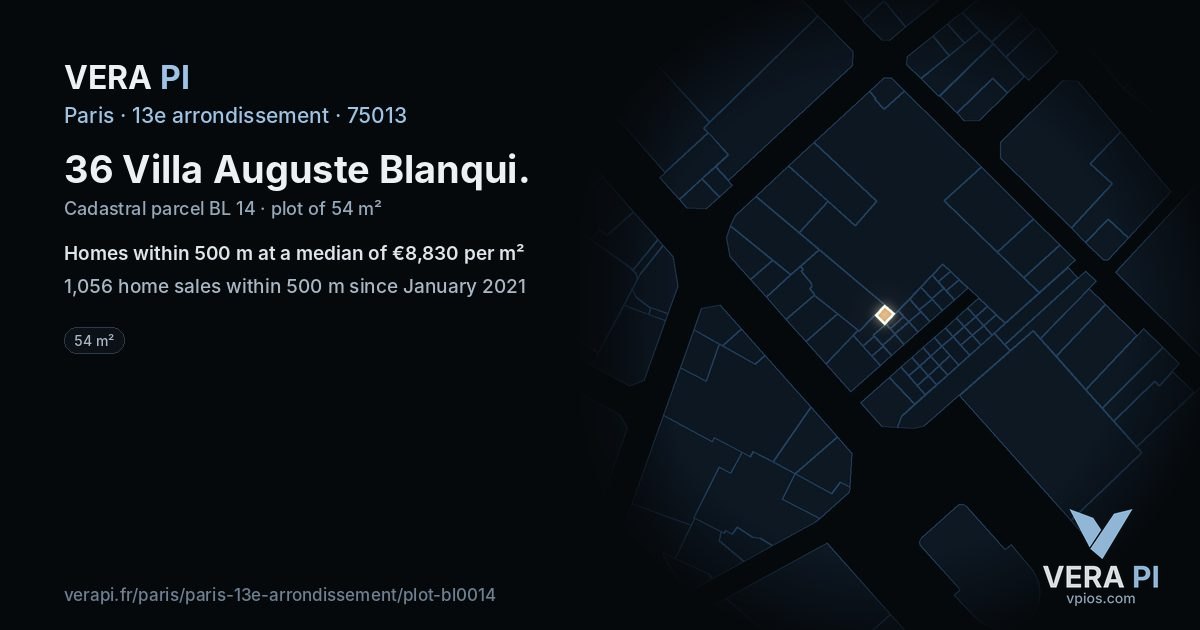 36 Villa Auguste Blanqui, 13e arrondissement at night – the plot lit, the parcels around coloured by the prices near them