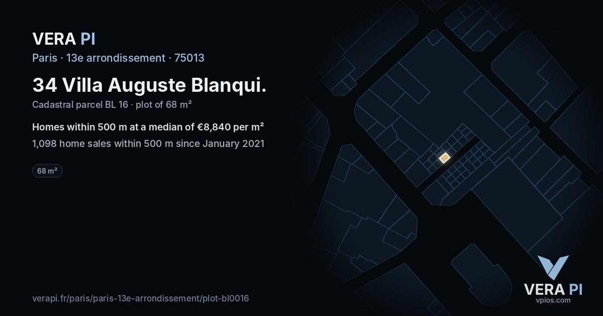 34 Villa Auguste Blanqui, 13e arrondissement at night – the plot lit, the parcels around coloured by the prices near them