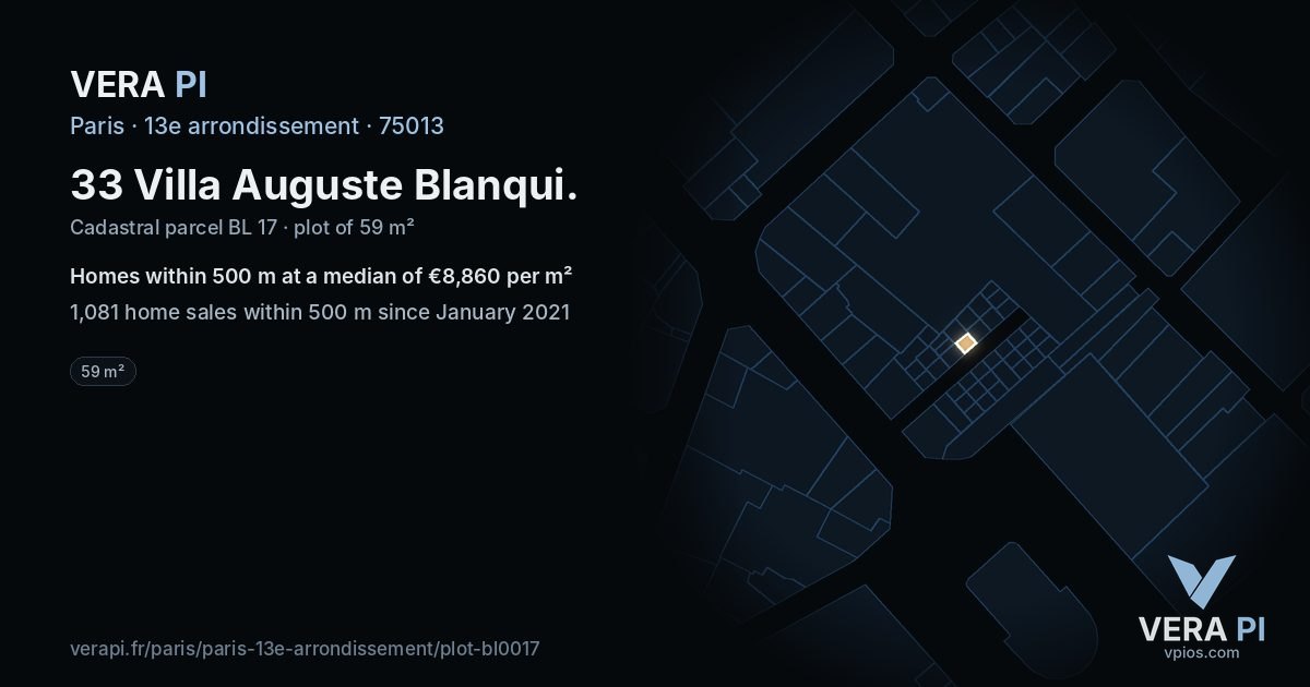 33 Villa Auguste Blanqui, 13e arrondissement at night – the plot lit, the parcels around coloured by the prices near them