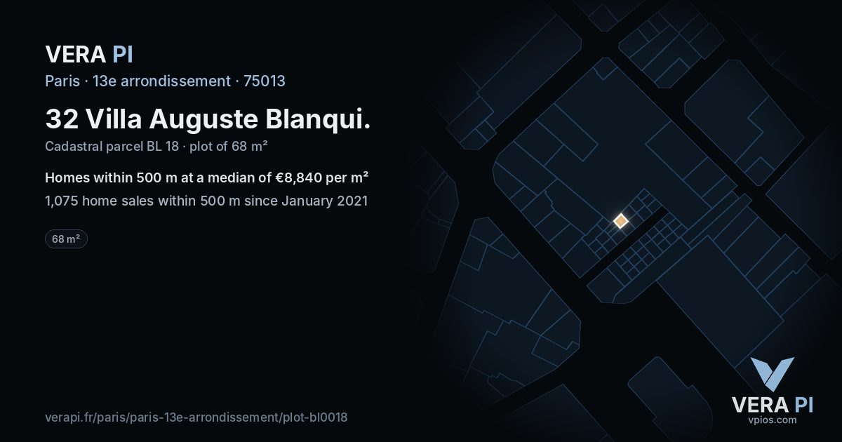 32 Villa Auguste Blanqui, 13e arrondissement at night – the plot lit, the parcels around coloured by the prices near them