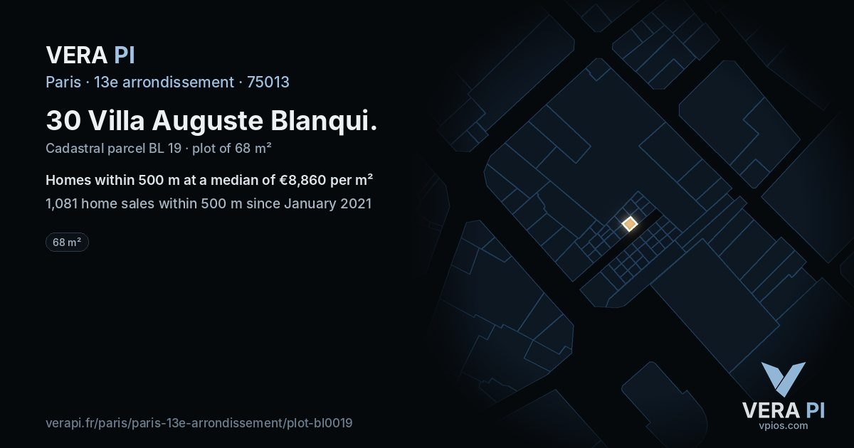 30 Villa Auguste Blanqui, 13e arrondissement at night – the plot lit, the parcels around coloured by the prices near them