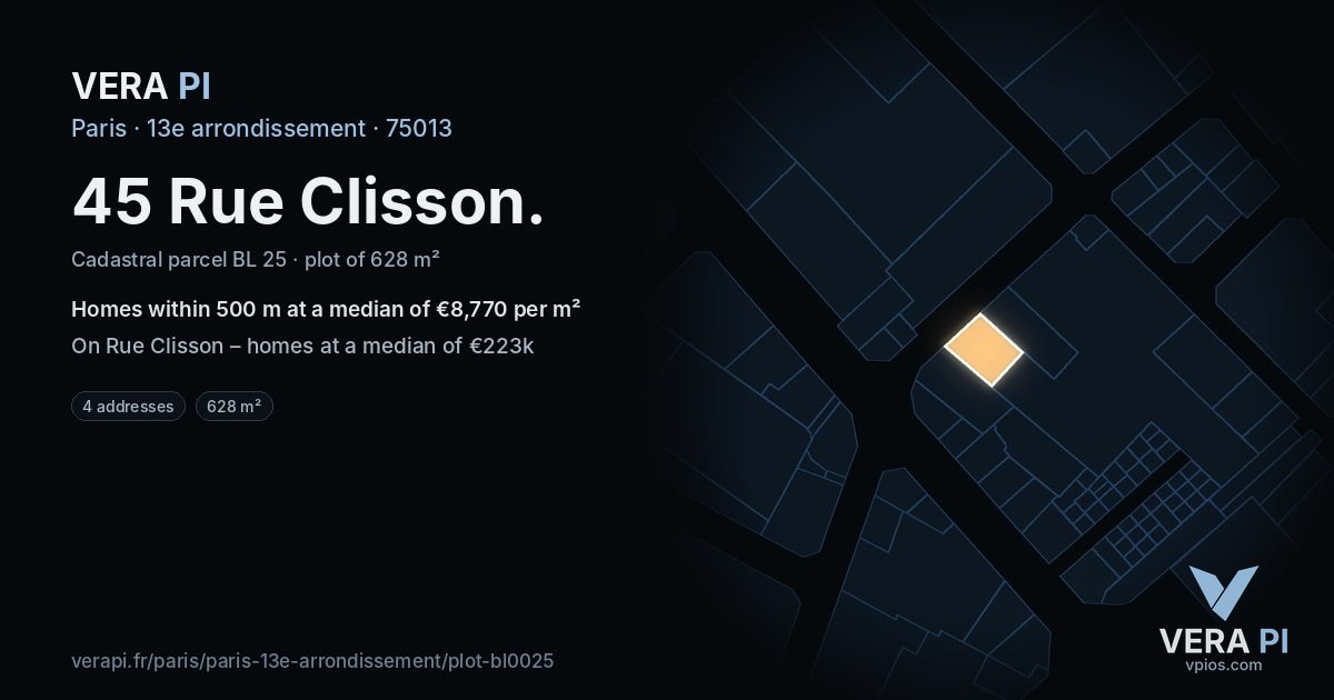 45 Rue Clisson, 13e arrondissement at night – the plot lit, the parcels around coloured by the prices near them