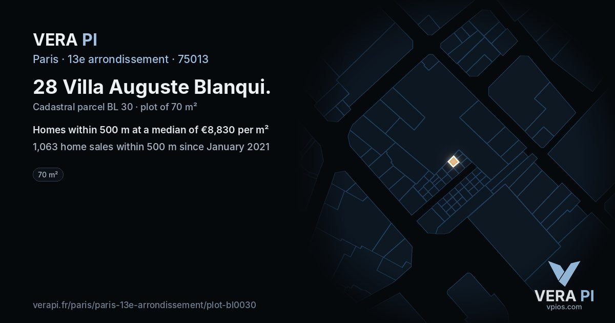 28 Villa Auguste Blanqui, 13e arrondissement at night – the plot lit, the parcels around coloured by the prices near them