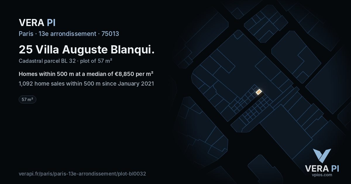 25 Villa Auguste Blanqui, 13e arrondissement at night – the plot lit, the parcels around coloured by the prices near them