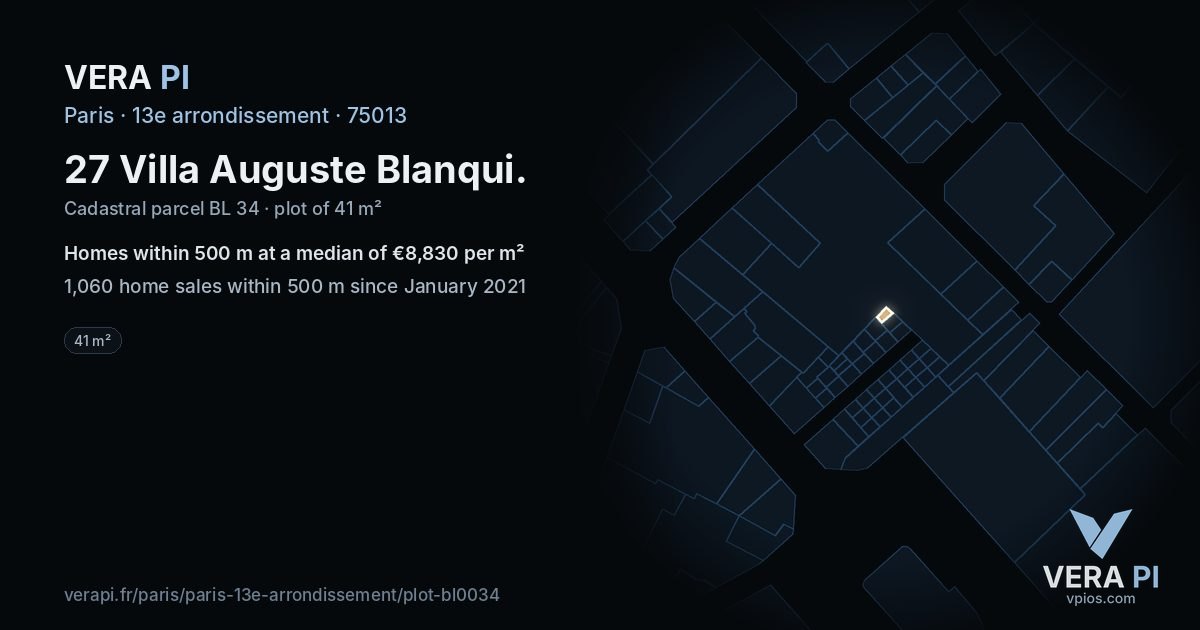 27 Villa Auguste Blanqui, 13e arrondissement at night – the plot lit, the parcels around coloured by the prices near them