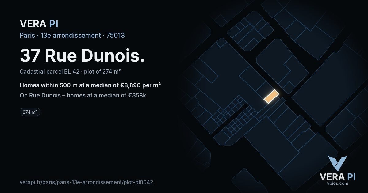 37 Rue Dunois, 13e arrondissement at night – the plot lit, the parcels around coloured by the prices near them