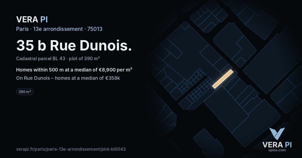 35 b Rue Dunois, 13e arrondissement at night – the plot lit, the parcels around coloured by the prices near them