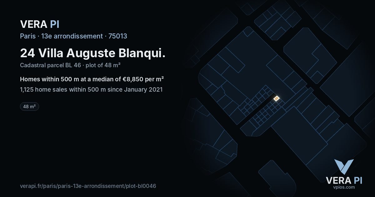 24 Villa Auguste Blanqui, 13e arrondissement at night – the plot lit, the parcels around coloured by the prices near them