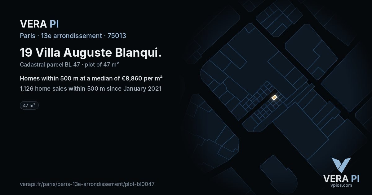 19 Villa Auguste Blanqui, 13e arrondissement at night – the plot lit, the parcels around coloured by the prices near them