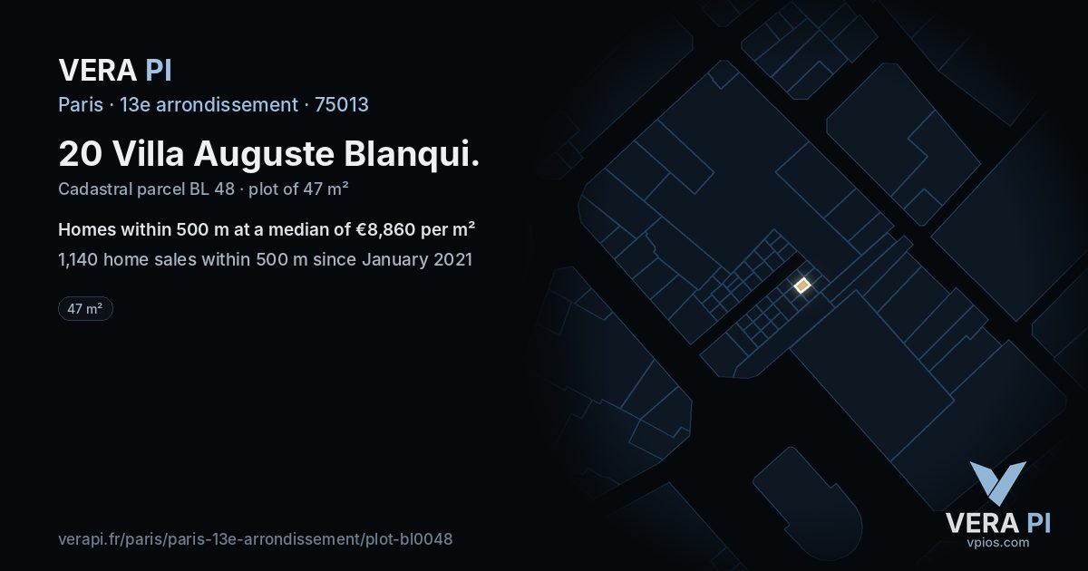 20 Villa Auguste Blanqui, 13e arrondissement at night – the plot lit, the parcels around coloured by the prices near them