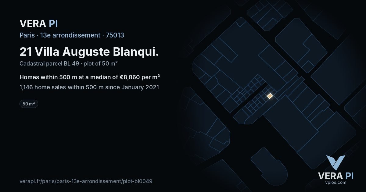 21 Villa Auguste Blanqui, 13e arrondissement at night – the plot lit, the parcels around coloured by the prices near them