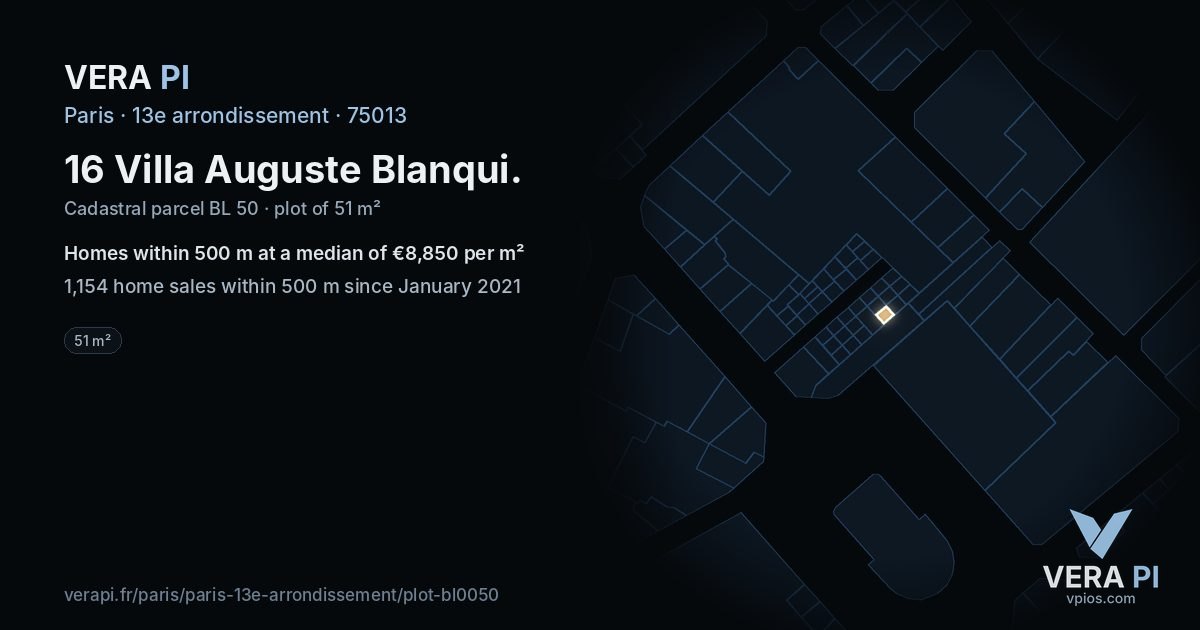 16 Villa Auguste Blanqui, 13e arrondissement at night – the plot lit, the parcels around coloured by the prices near them