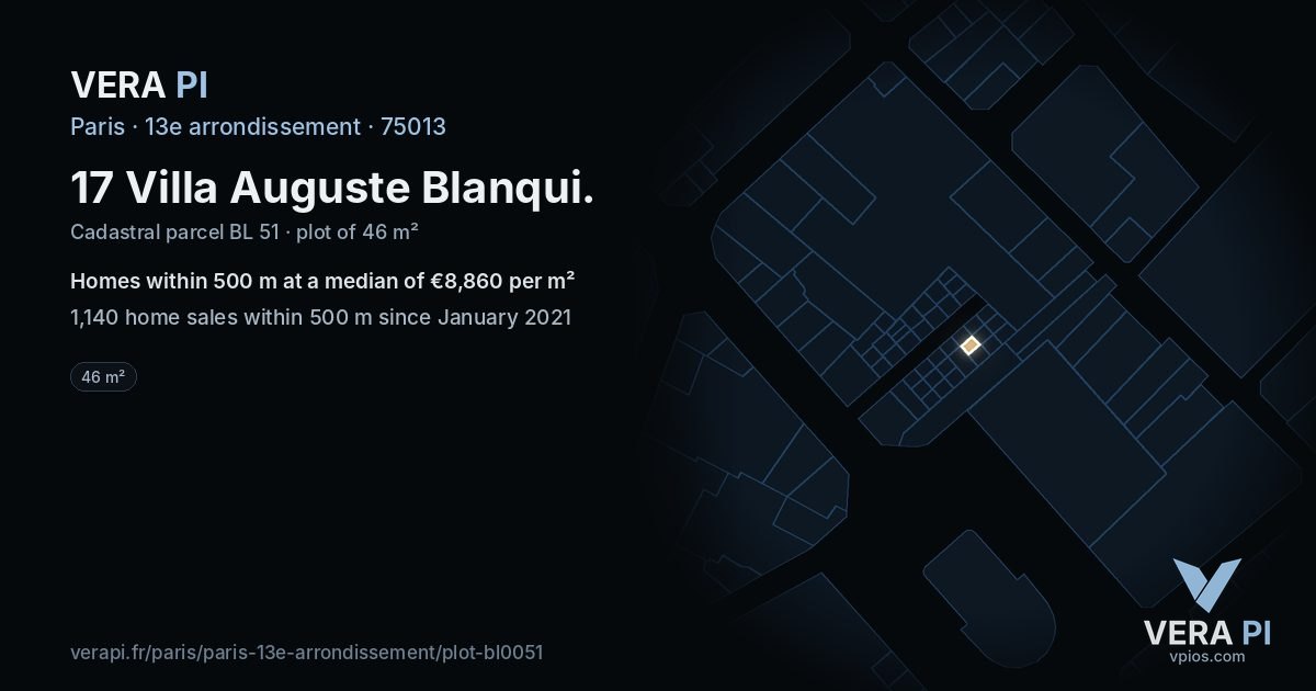 17 Villa Auguste Blanqui, 13e arrondissement at night – the plot lit, the parcels around coloured by the prices near them