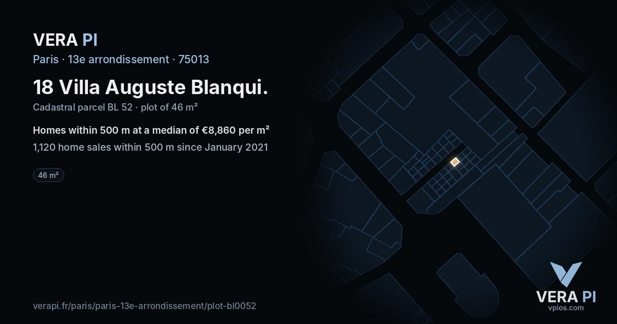 18 Villa Auguste Blanqui, 13e arrondissement at night – the plot lit, the parcels around coloured by the prices near them
