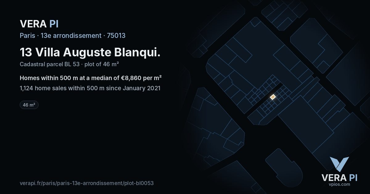 13 Villa Auguste Blanqui, 13e arrondissement at night – the plot lit, the parcels around coloured by the prices near them