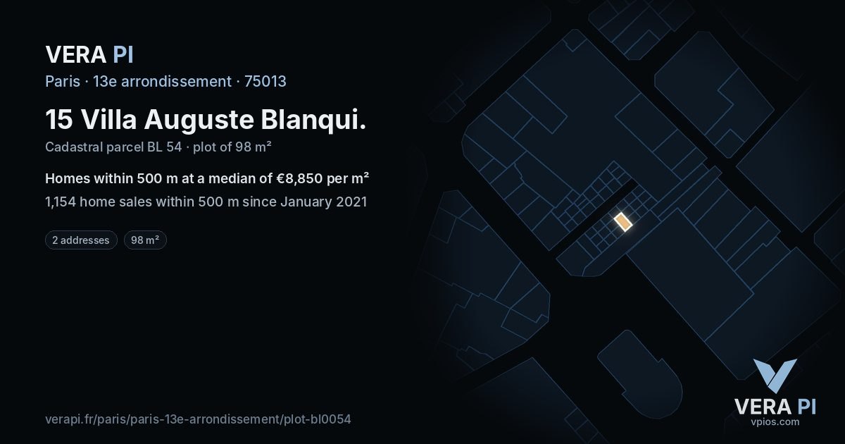 15 Villa Auguste Blanqui, 13e arrondissement at night – the plot lit, the parcels around coloured by the prices near them