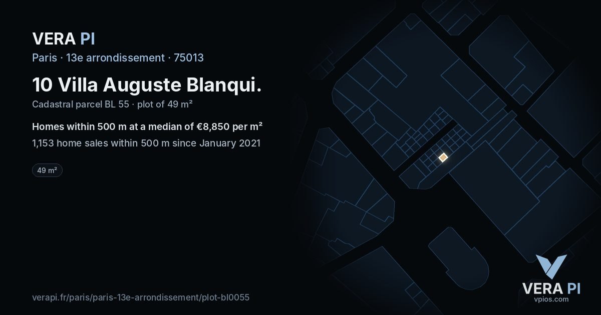 10 Villa Auguste Blanqui, 13e arrondissement at night – the plot lit, the parcels around coloured by the prices near them