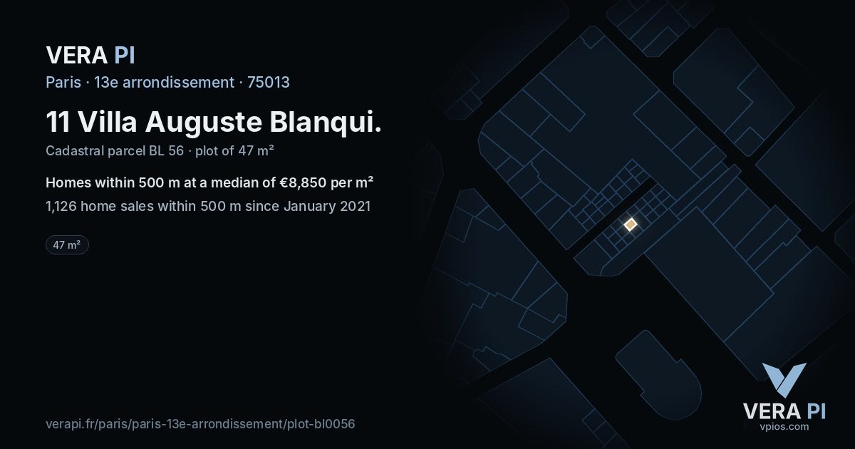 11 Villa Auguste Blanqui, 13e arrondissement at night – the plot lit, the parcels around coloured by the prices near them