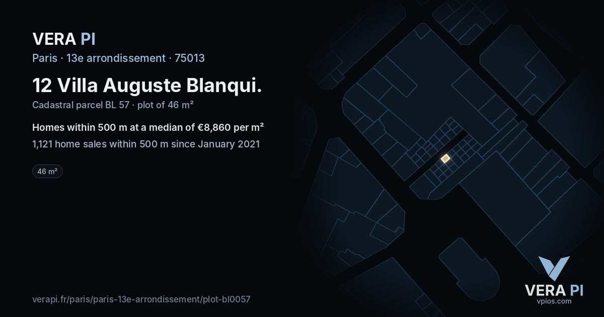 12 Villa Auguste Blanqui, 13e arrondissement at night – the plot lit, the parcels around coloured by the prices near them