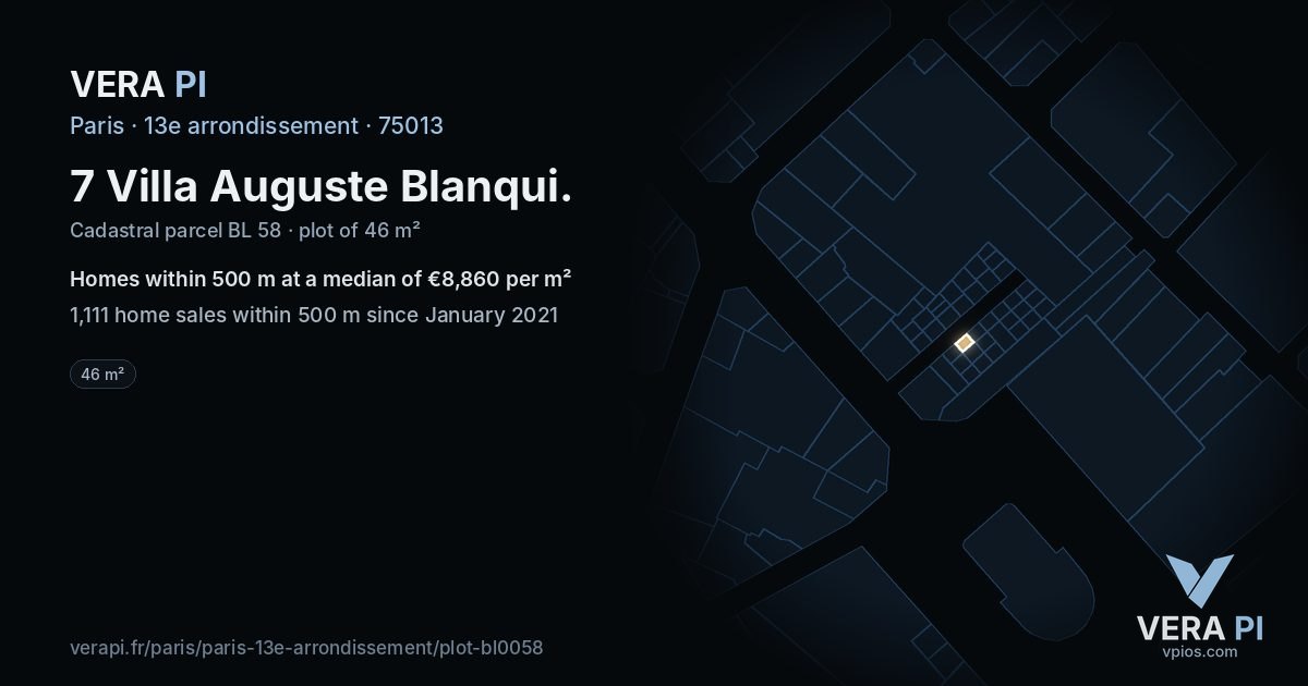 7 Villa Auguste Blanqui, 13e arrondissement at night – the plot lit, the parcels around coloured by the prices near them