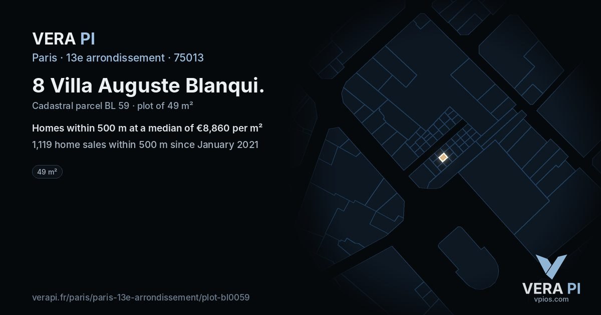 8 Villa Auguste Blanqui, 13e arrondissement at night – the plot lit, the parcels around coloured by the prices near them