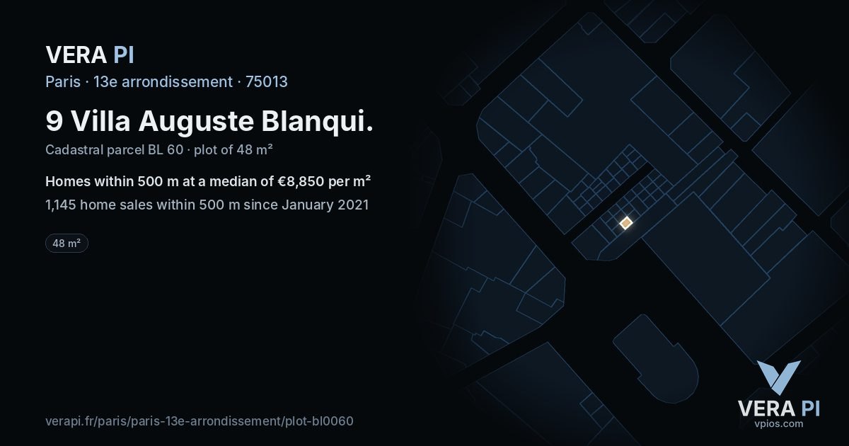 9 Villa Auguste Blanqui, 13e arrondissement at night – the plot lit, the parcels around coloured by the prices near them