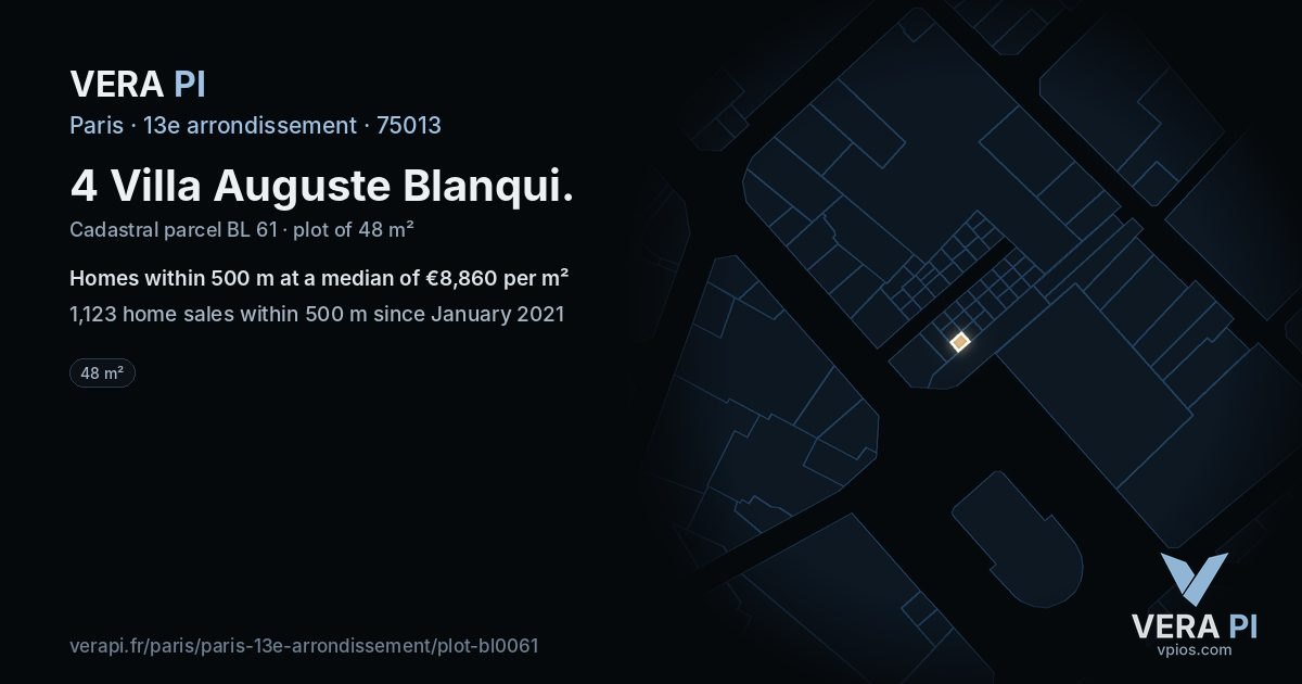 4 Villa Auguste Blanqui, 13e arrondissement at night – the plot lit, the parcels around coloured by the prices near them