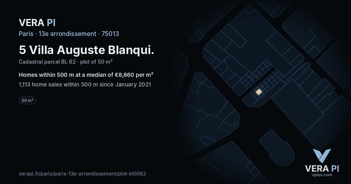 5 Villa Auguste Blanqui, 13e arrondissement at night – the plot lit, the parcels around coloured by the prices near them
