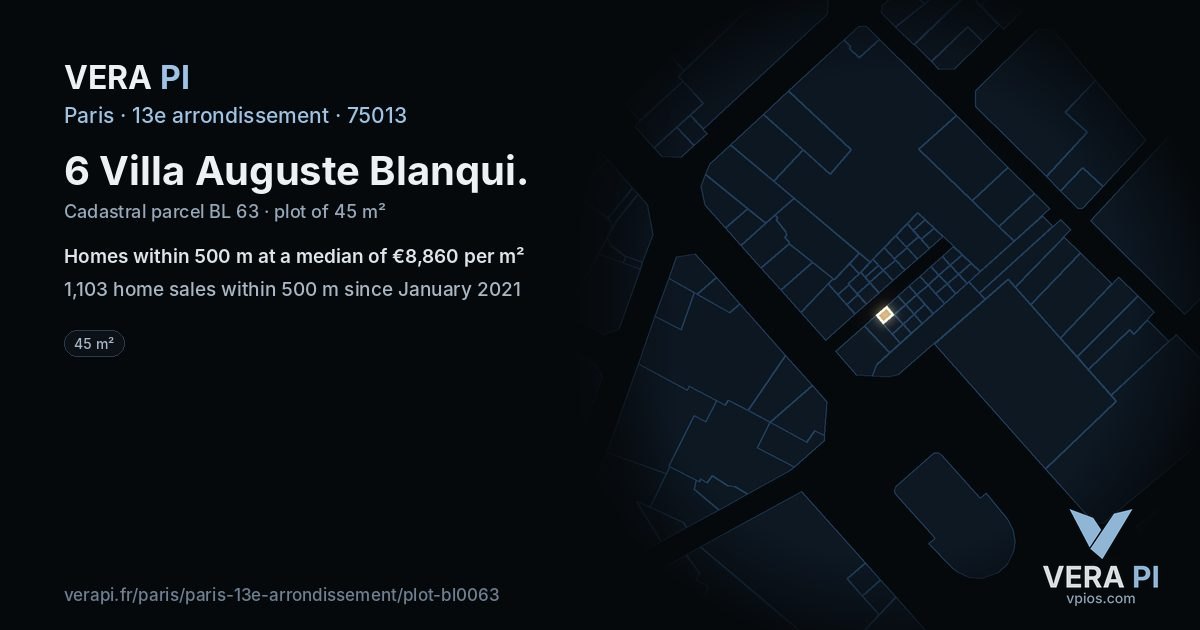 6 Villa Auguste Blanqui, 13e arrondissement at night – the plot lit, the parcels around coloured by the prices near them