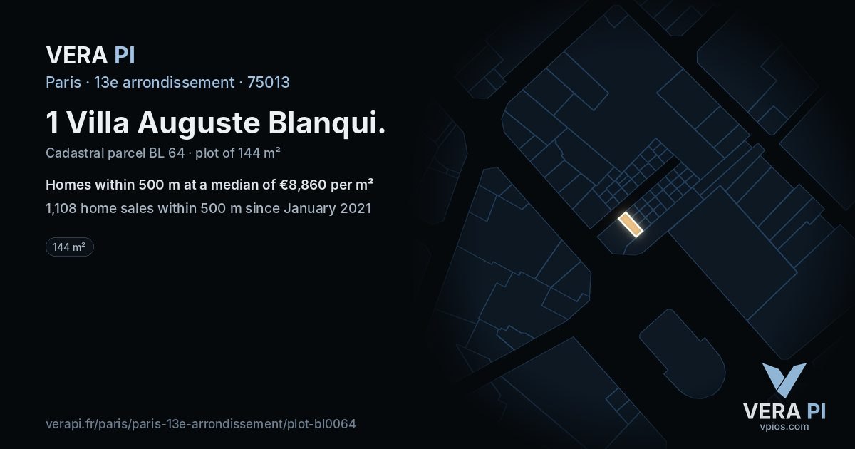 1 Villa Auguste Blanqui, 13e arrondissement at night – the plot lit, the parcels around coloured by the prices near them