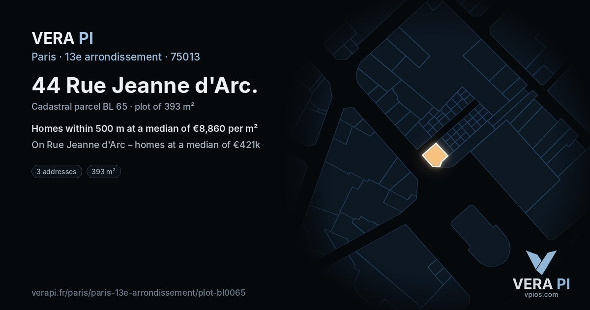 44 Rue Jeanne d'Arc, 13e arrondissement at night – the plot lit, the parcels around coloured by the prices near them