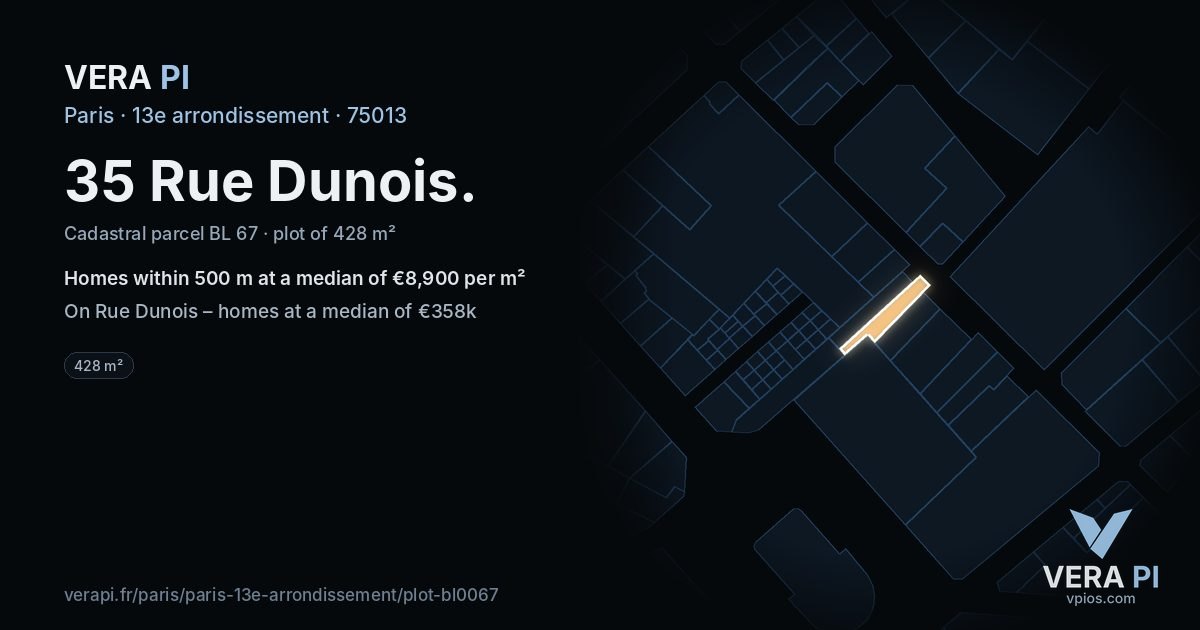 35 Rue Dunois, 13e arrondissement at night – the plot lit, the parcels around coloured by the prices near them