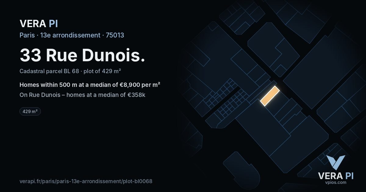 33 Rue Dunois, 13e arrondissement at night – the plot lit, the parcels around coloured by the prices near them