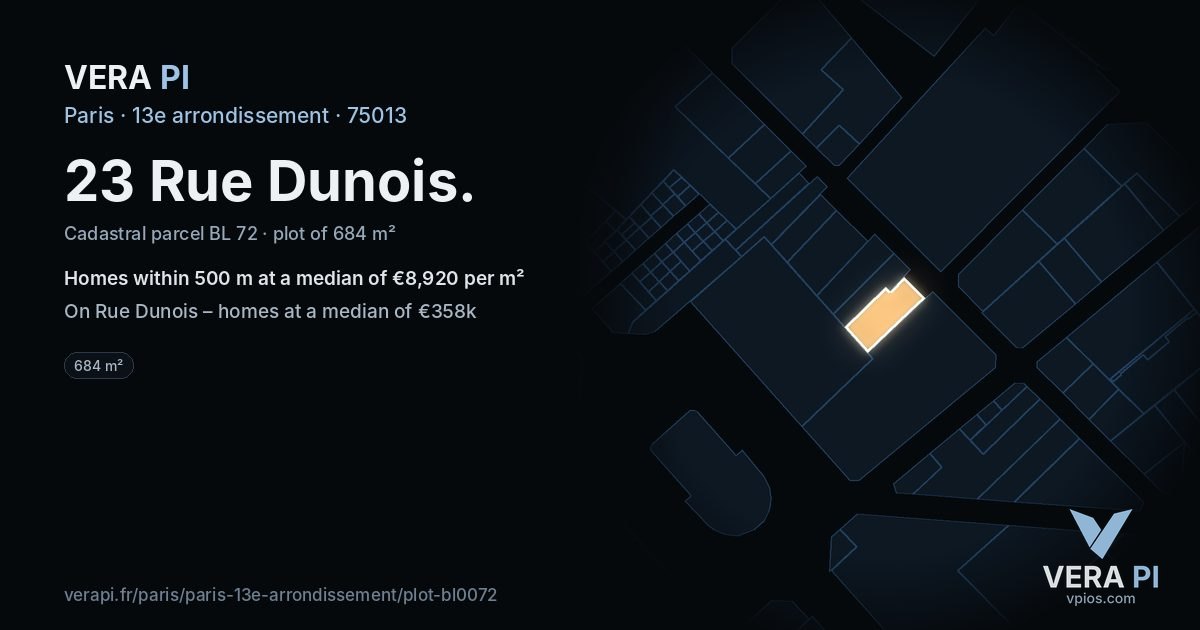 23 Rue Dunois, 13e arrondissement at night – the plot lit, the parcels around coloured by the prices near them