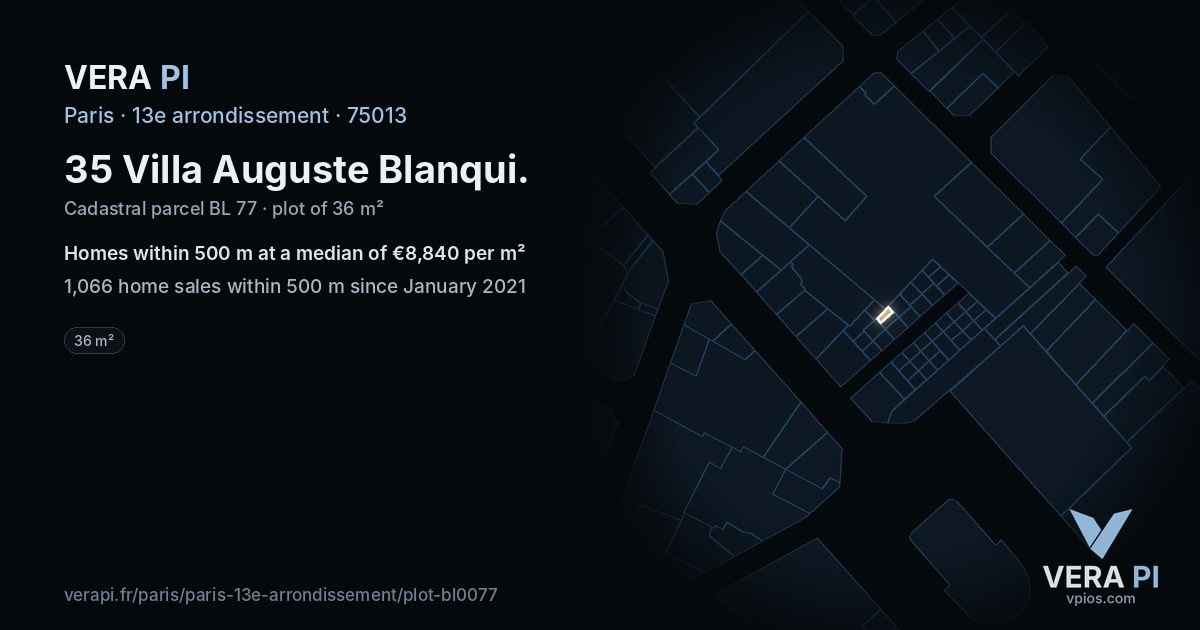 35 Villa Auguste Blanqui, 13e arrondissement at night – the plot lit, the parcels around coloured by the prices near them