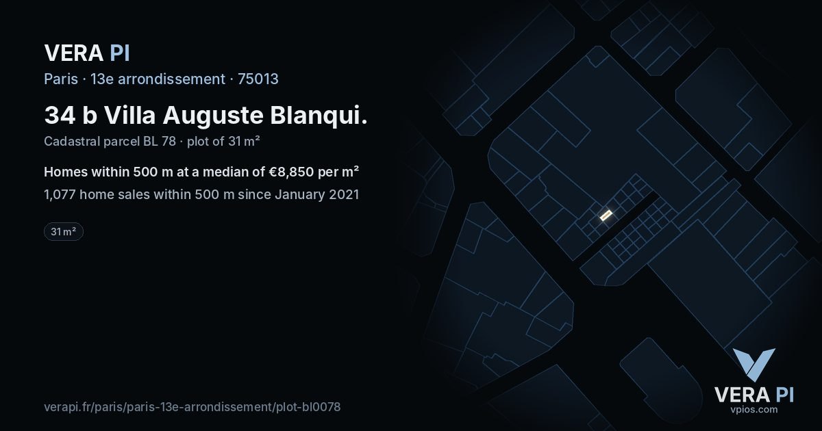 34 b Villa Auguste Blanqui, 13e arrondissement at night – the plot lit, the parcels around coloured by the prices near them