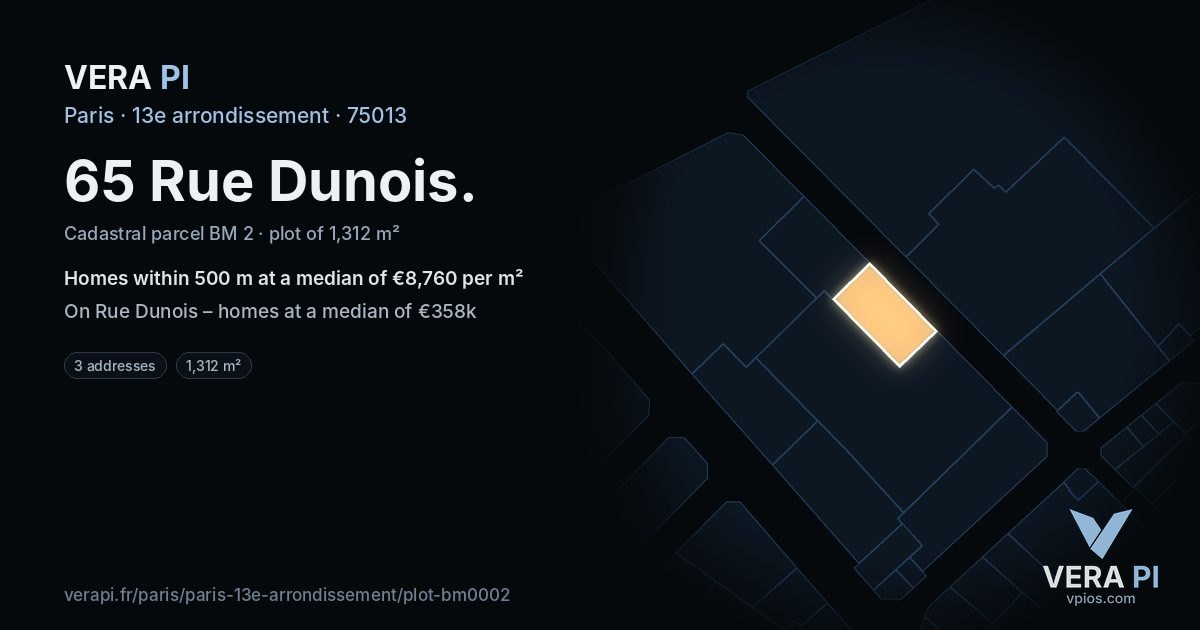 65 Rue Dunois, 13e arrondissement at night – the plot lit, the parcels around coloured by the prices near them