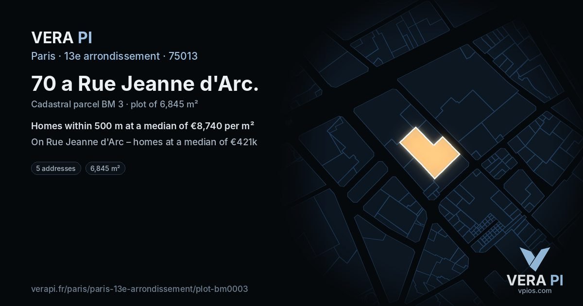 70 a Rue Jeanne d'Arc, 13e arrondissement at night – the plot lit, the parcels around coloured by the prices near them