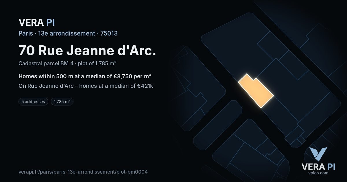 70 Rue Jeanne d'Arc, 13e arrondissement at night – the plot lit, the parcels around coloured by the prices near them