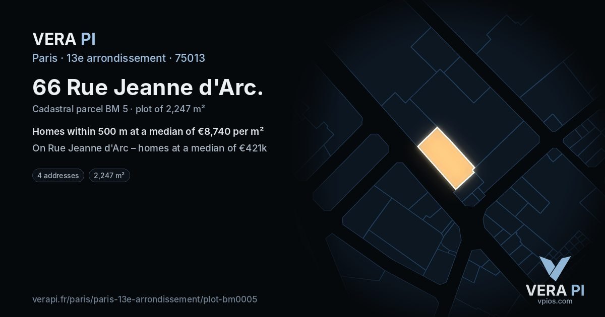 66 Rue Jeanne d'Arc, 13e arrondissement at night – the plot lit, the parcels around coloured by the prices near them