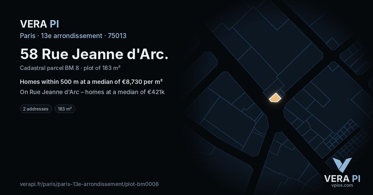 58 Rue Jeanne d'Arc, 13e arrondissement at night – the plot lit, the parcels around coloured by the prices near them