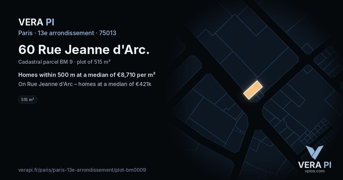 60 Rue Jeanne d'Arc, 13e arrondissement at night – the plot lit, the parcels around coloured by the prices near them