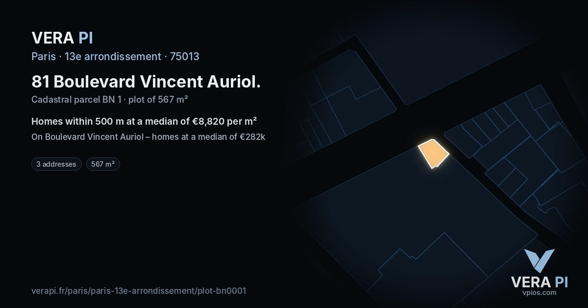 81 Boulevard Vincent Auriol, 13e arrondissement at night – the plot lit, the parcels around coloured by the prices near them