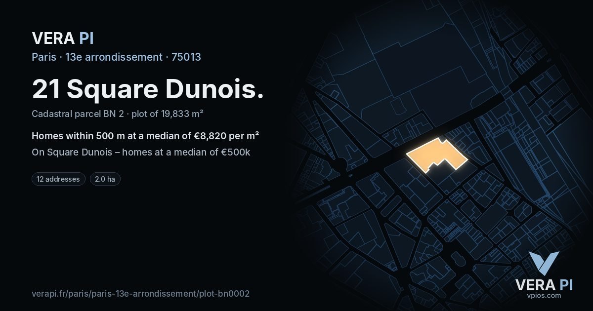 21 Square Dunois, 13e arrondissement at night – the plot lit, the parcels around coloured by the prices near them