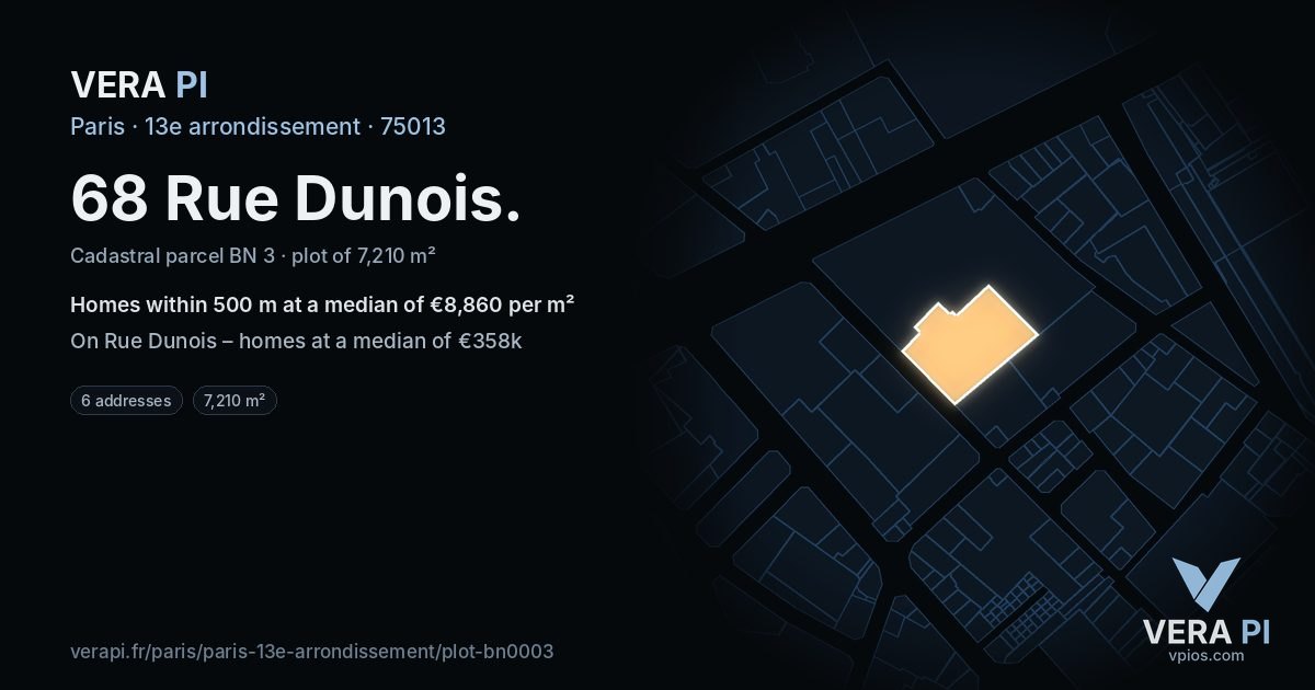 68 Rue Dunois, 13e arrondissement at night – the plot lit, the parcels around coloured by the prices near them