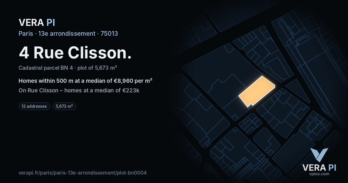 4 Rue Clisson, 13e arrondissement at night – the plot lit, the parcels around coloured by the prices near them