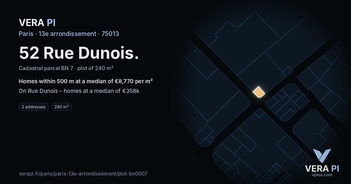 52 Rue Dunois, 13e arrondissement at night – the plot lit, the parcels around coloured by the prices near them