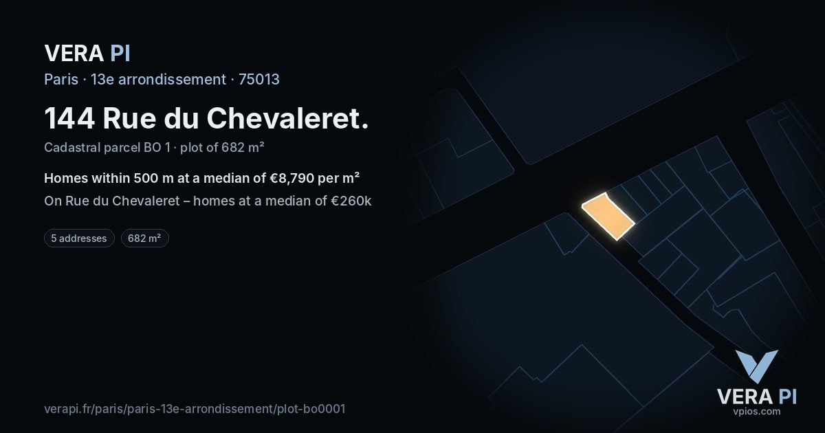 144 Rue du Chevaleret, 13e arrondissement at night – the plot lit, the parcels around coloured by the prices near them