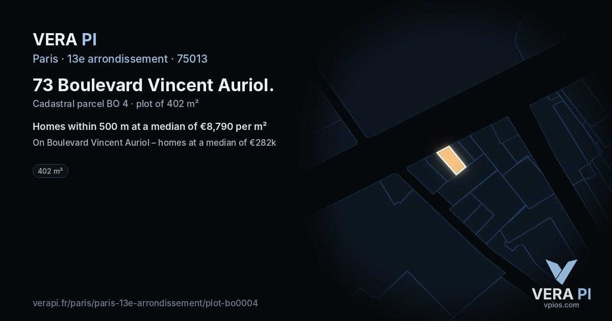 73 Boulevard Vincent Auriol, 13e arrondissement at night – the plot lit, the parcels around coloured by the prices near them